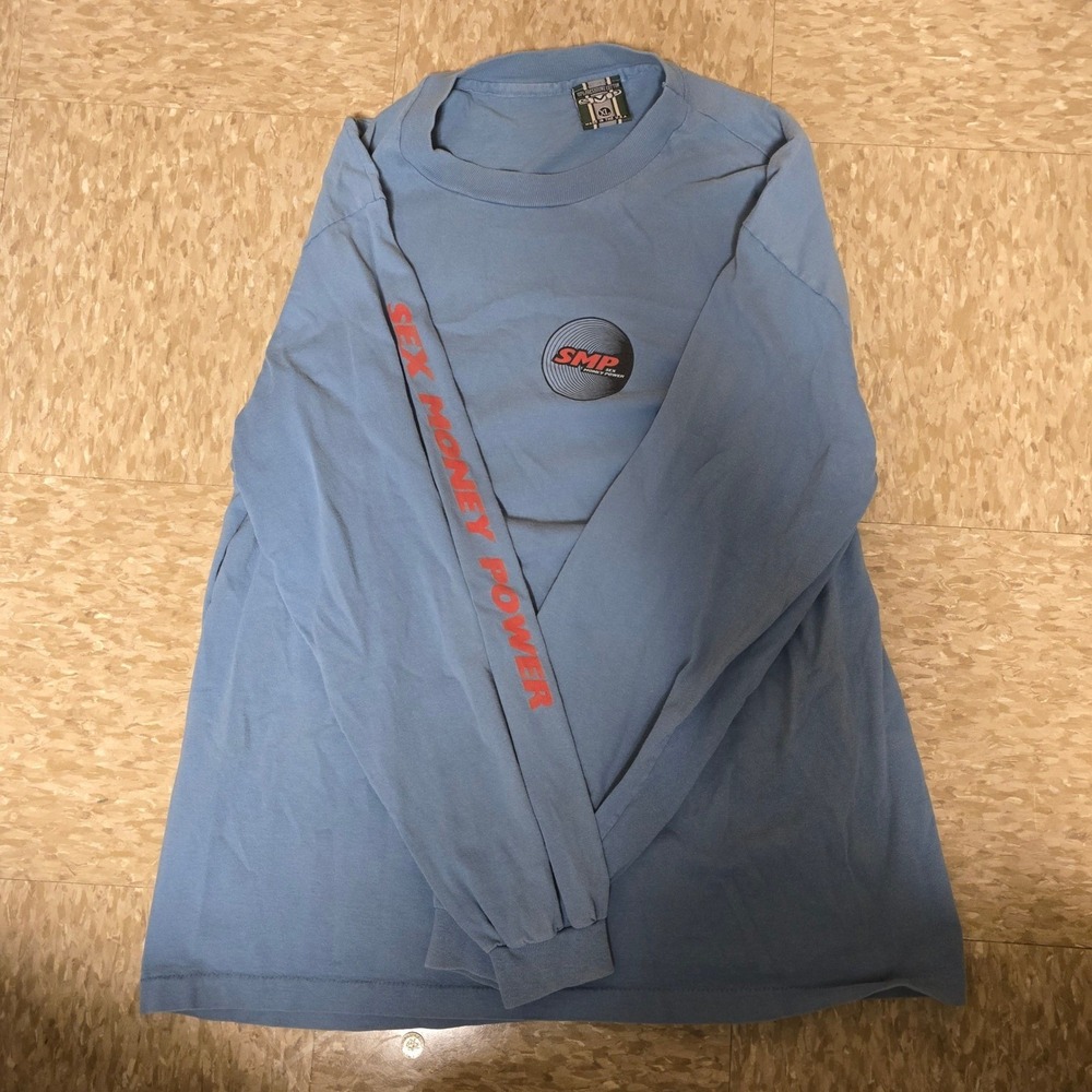 Vintage SMP Sex Money Power Long Sleeve Graphic T-Shirt Blue XL Made in USA